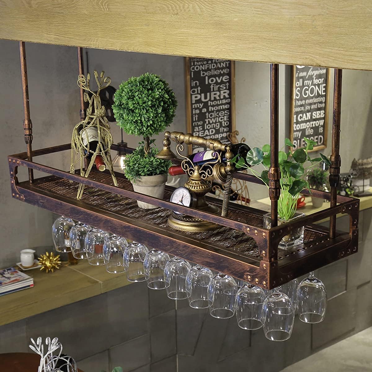 Coppery Bronze Metal Wall-Mounted Wine Glass Rack, 60x35cm R850332