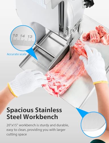 1500W Electric Bone Saw Machine, 0.8-5.9 Inch Cutting Thickness, 2.6HP Frozen Meat Cutter 110V Commercial Bandsaw Machine, 20x15in Table Sawing, 6 Saw Blades D412