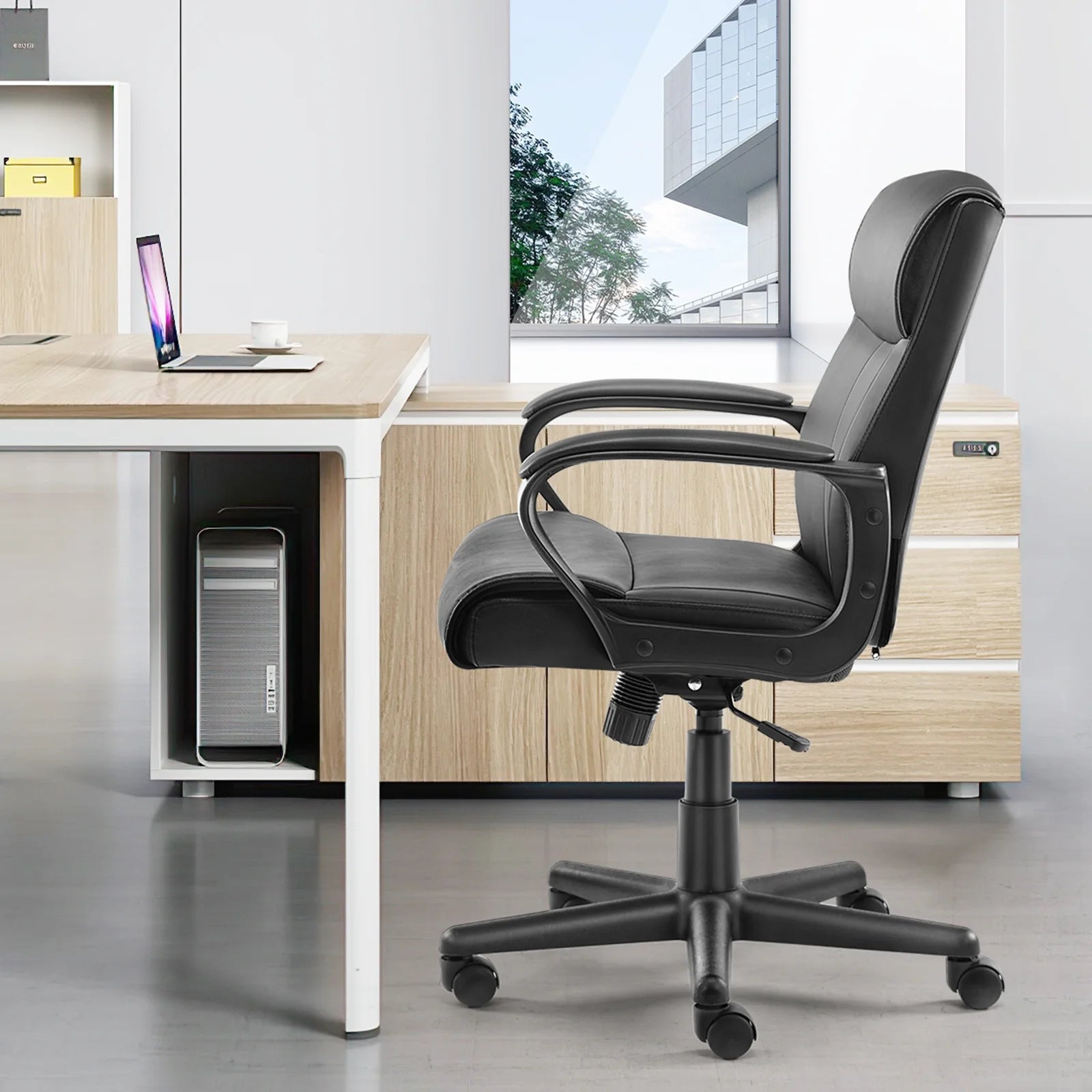 Mid Back Office Desk Chair with Padded Armrests PU Leather E2057