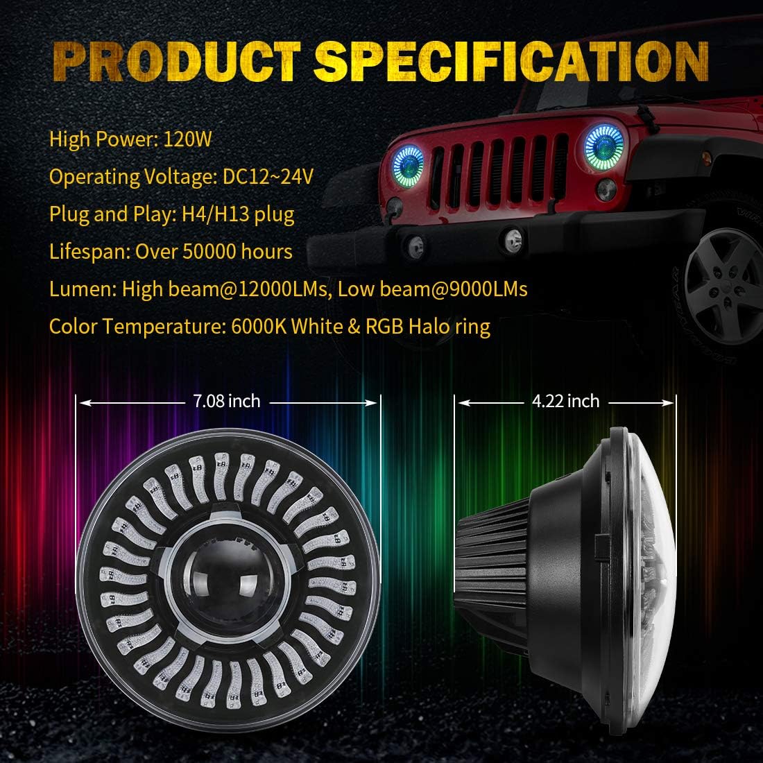 7 Inch Round LED Headlight with Amber Turn Signal, High Low Beam 2PCS Q631