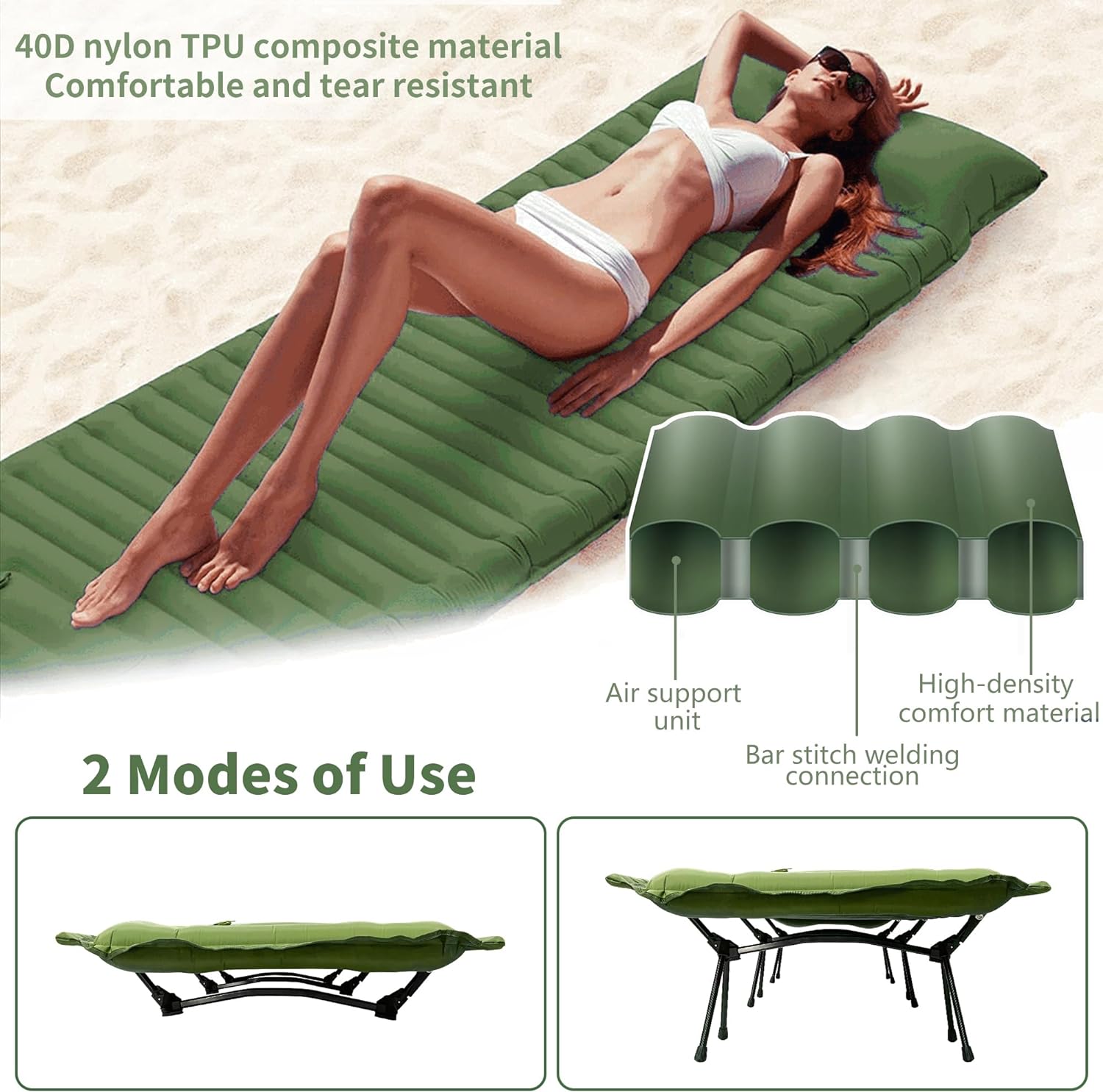 Army Green Camping Cot with Support Air Bed J624372