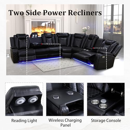 Cream White Leather Power Recliner Sectional Sofa with LED F33227