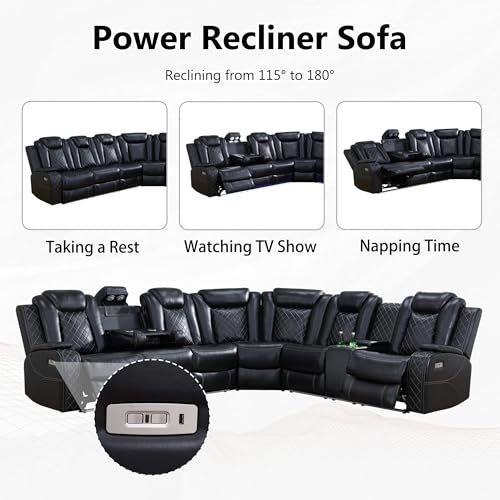 Cream White Leather Power Recliner Sectional Sofa with LED F33227