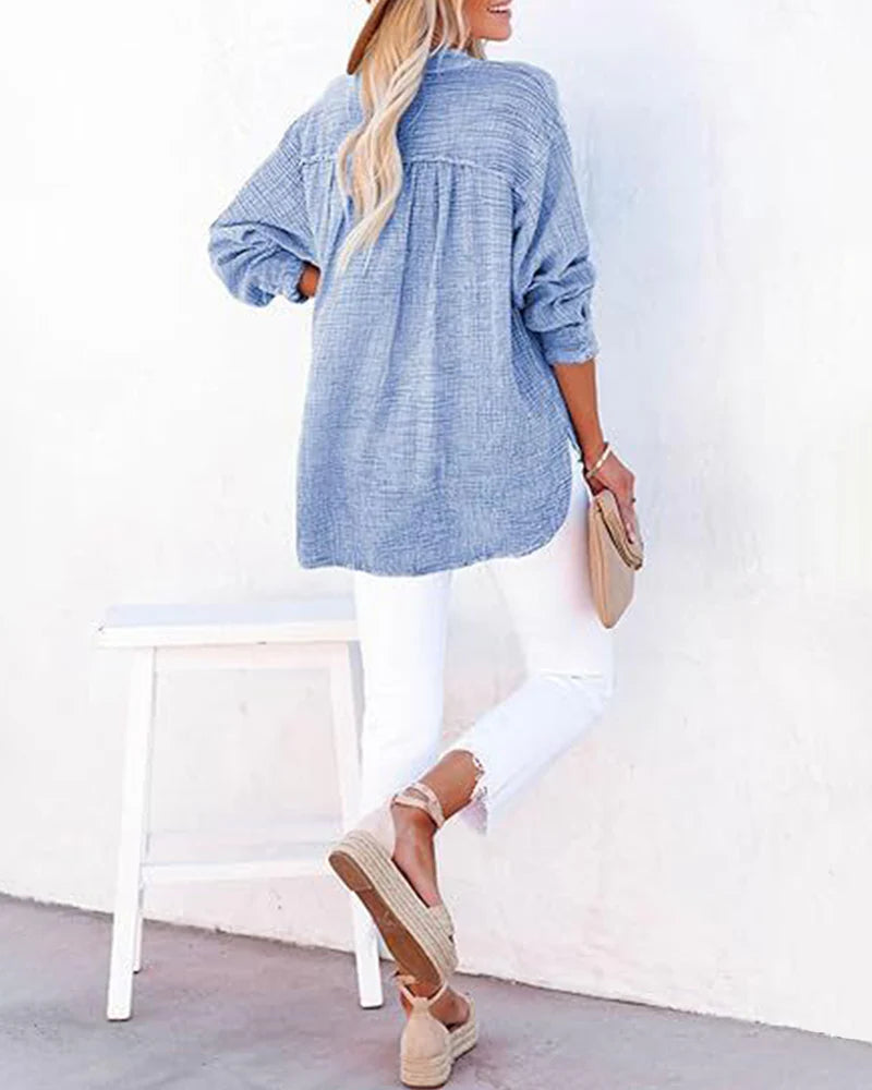 Womens Button V Neck Long Sleeve Shirts Solid Blouses Tops D41869