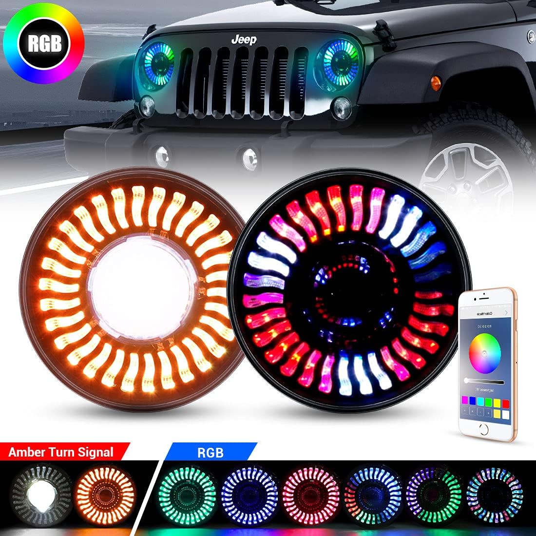 7 Inch Round LED Headlight with Amber Turn Signal, High Low Beam 2PCS Q631