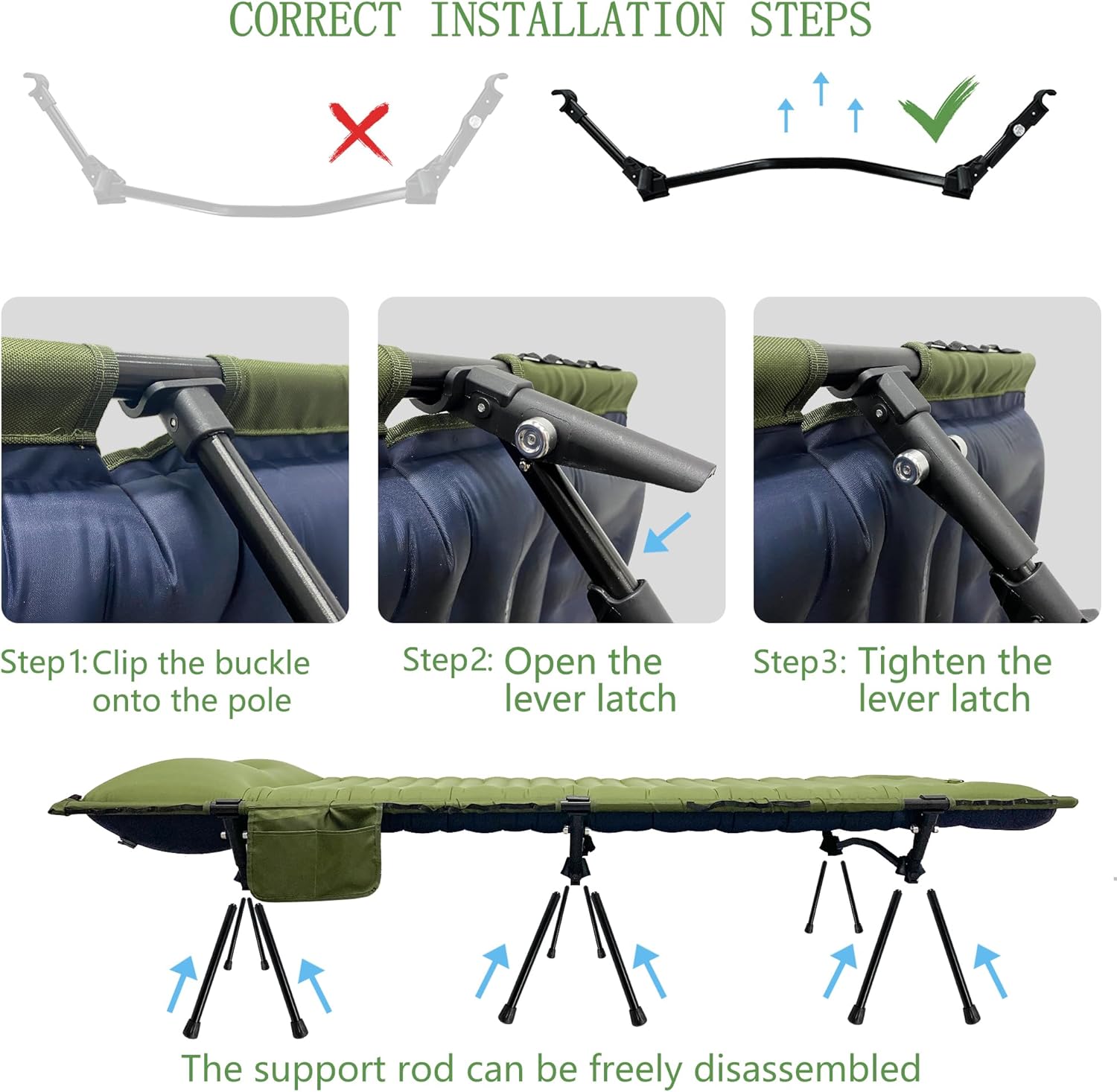 Army Green Camping Cot with Support Air Bed J624372
