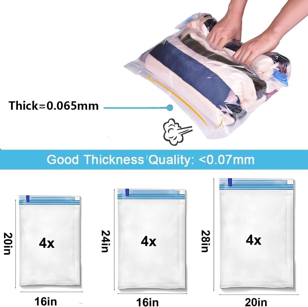 12 Pack Roll Up Reusable Vacuum Storage Bags (Jumbo×4, Large×4, Small×4) N459