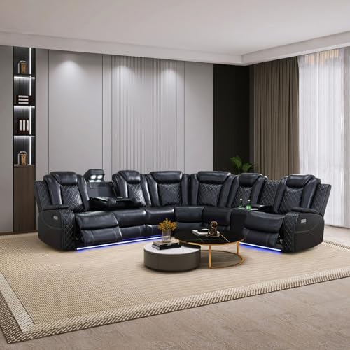 Cream White Leather Power Recliner Sectional Sofa with LED F33227