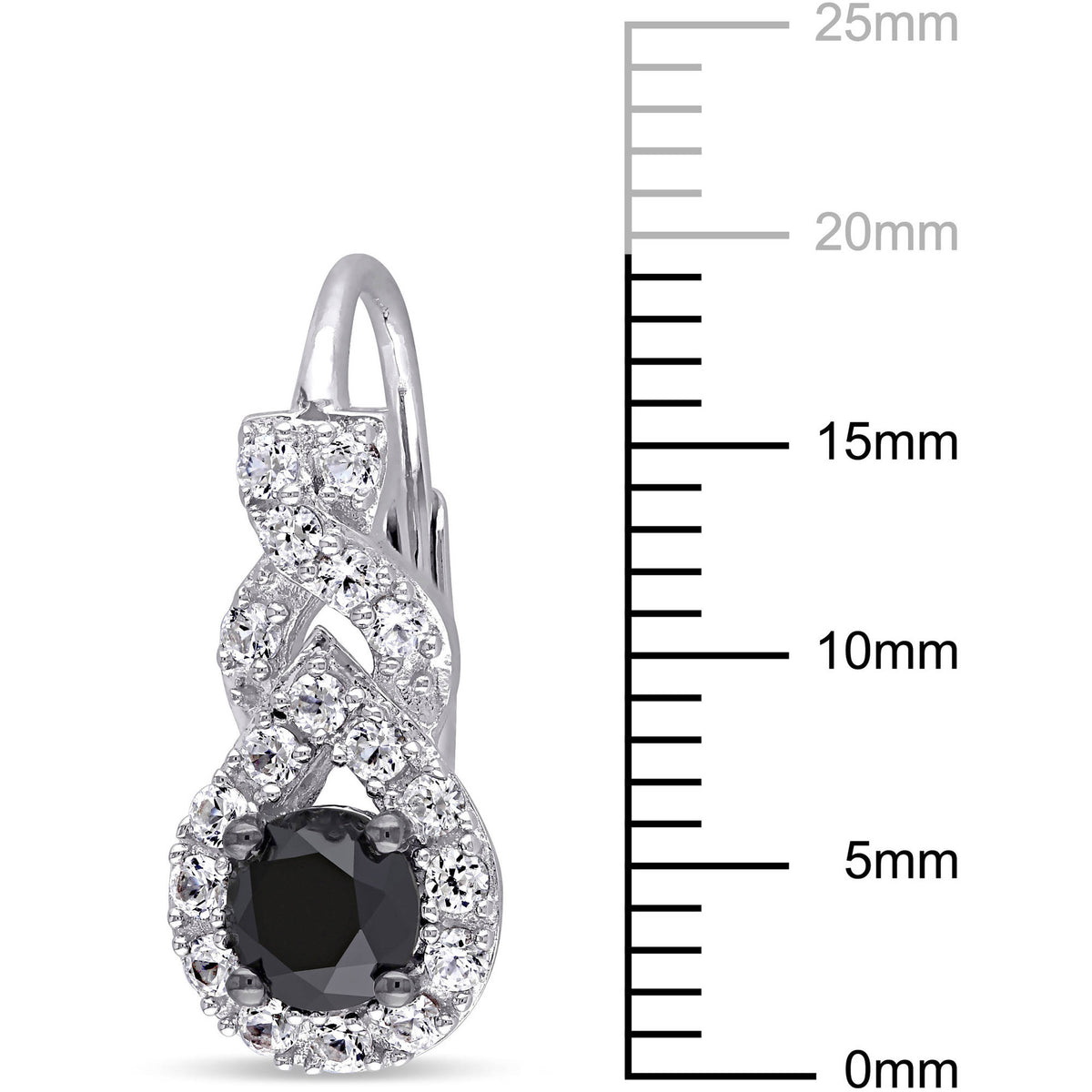 Created White Sapphire and Black Diamond Sterling Silver Leverback Earrings K617