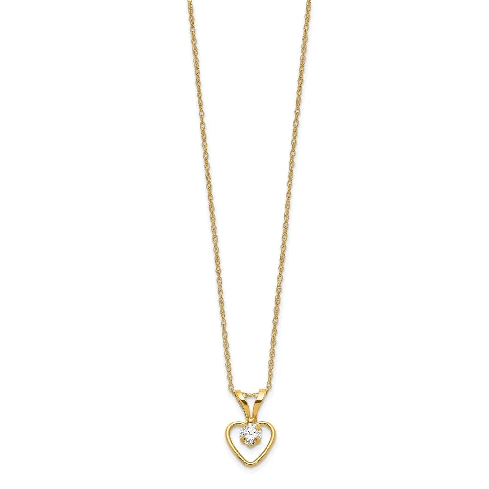 14K Yellow Gold Rope Necklace with Pendants Chain 3mm White Zircon Heart 15 inch A95106