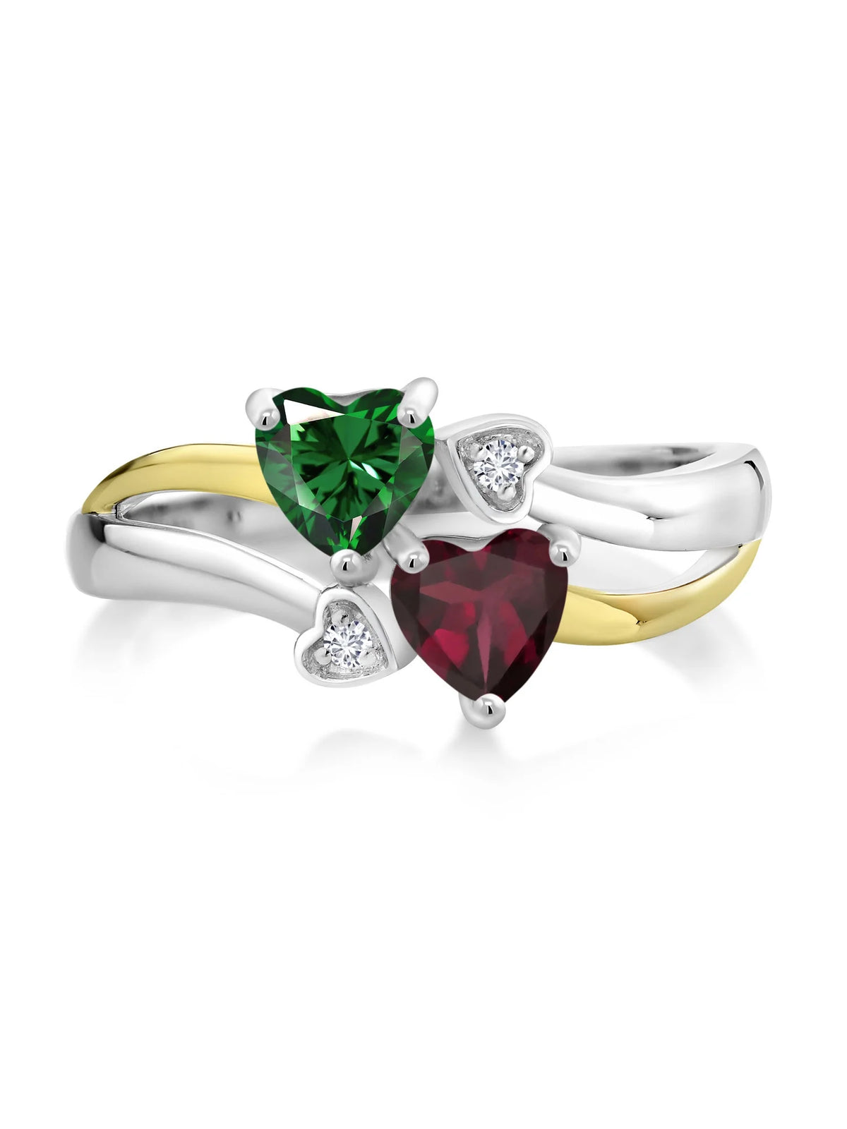 925 Silver 10K Yellow Gold Green Nano Emerald Red Rhodolite Garnet White Lab Grown Diamond Ring U577
