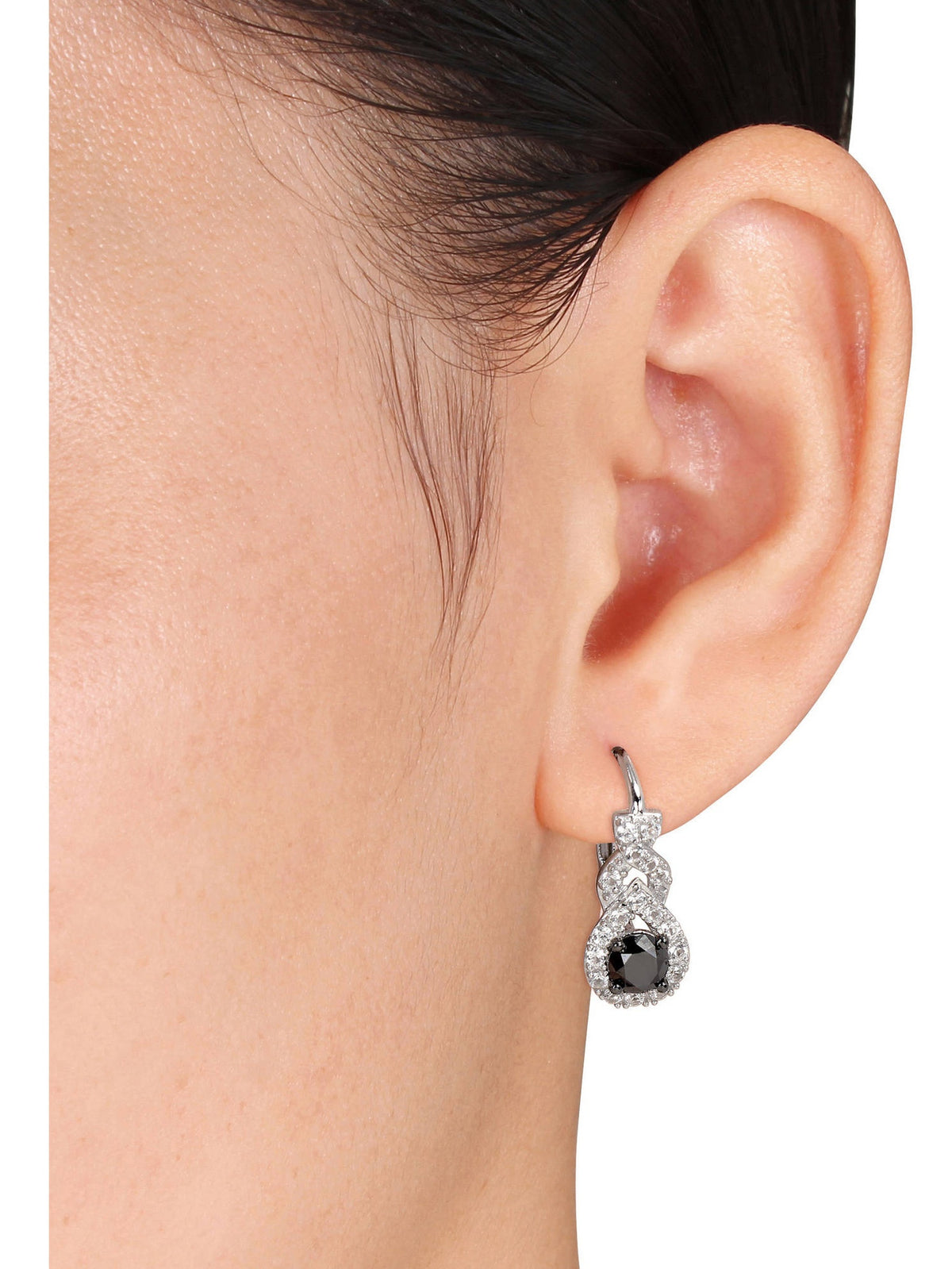 Created White Sapphire and Black Diamond Sterling Silver Leverback Earrings K617